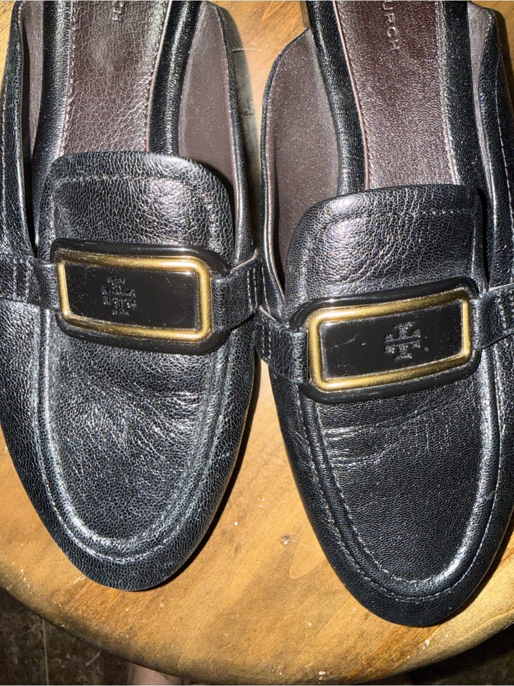 Tory Burch Black Leather Mule Slides with Gold Buckle - Picture 2 of 3